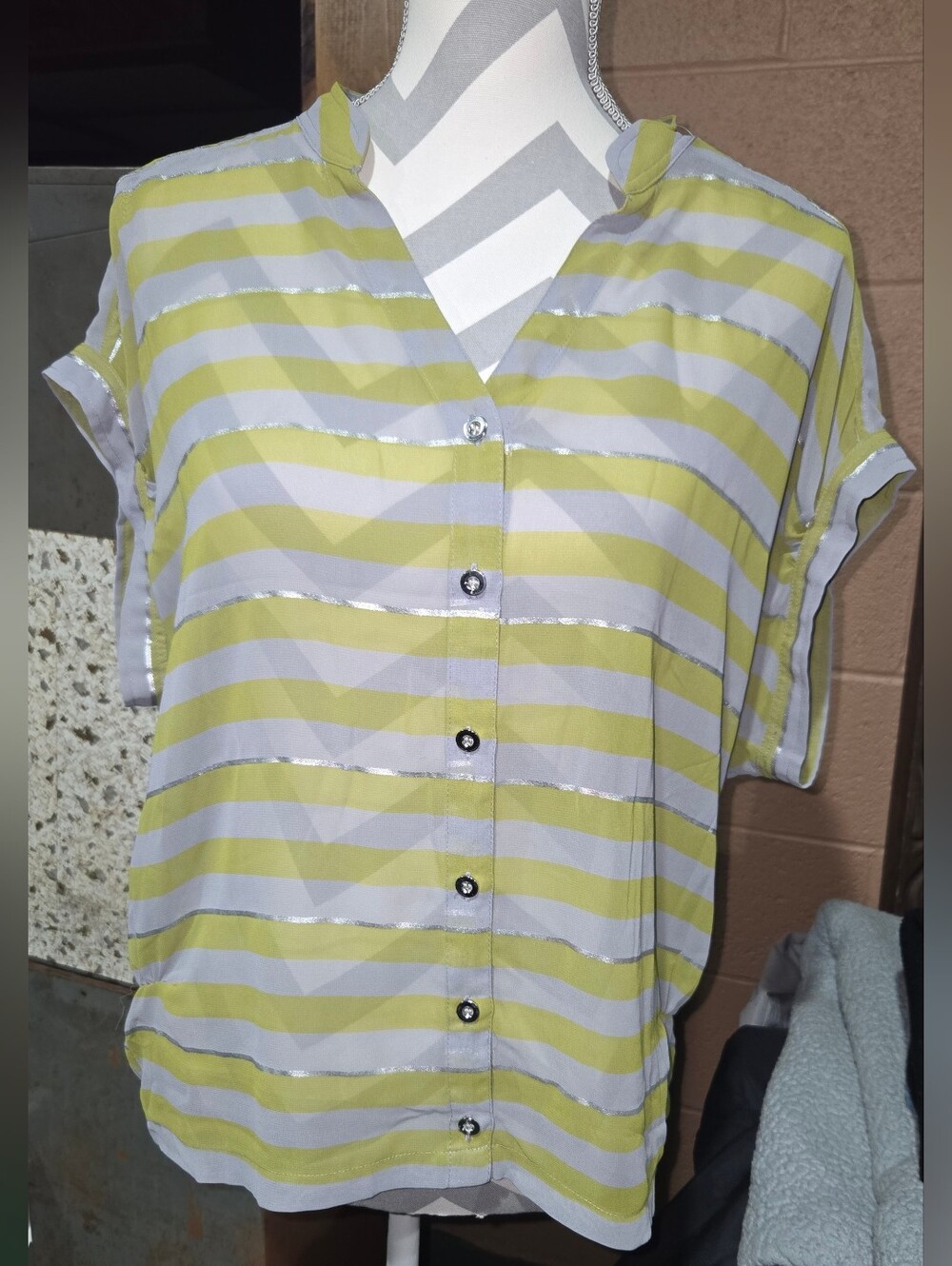 a.n.a Green And Grey Striped V-Neck Button Front Sheer Blouse